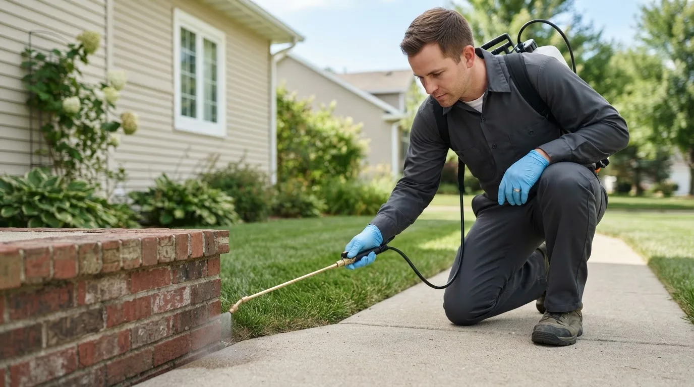 Pest control technician treating a home near Hope, IN
